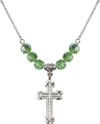 18" Rhodium Plated Necklace with 4mm Peridot Crystal Beads featuring a Sterling Silver Cross Medal.