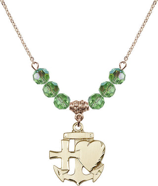 18" Hamilton Gold Plated Necklace with 4mm Peridot Crystal Beads featuring a 14kt Gold Filled Faith, Hope & Charity Medal.