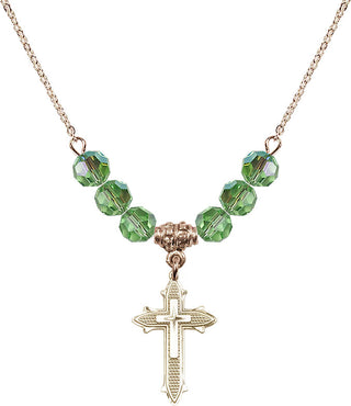 18" Hamilton Gold Plated Necklace with 4mm Peridot Crystal Beads featuring a 14kt Gold Filled Cross on Cross Medal. Engraved Catholic Saint Jewelry