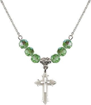 18" Rhodium Plated Necklace with 4mm Peridot Crystal Beads featuring a Sterling Silver Cross on Cross Medal. Engraved Catholic Saint Jewelry