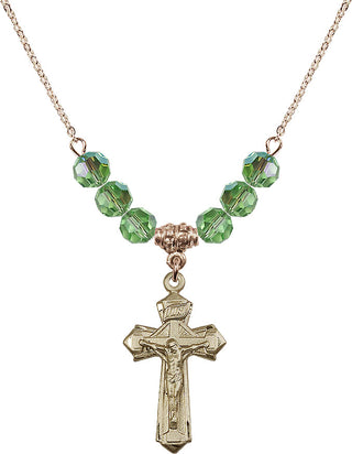 18" Hamilton Gold Plated Necklace with 4mm Peridot Crystal Beads featuring a 14kt Gold Filled Crucifix Medal.