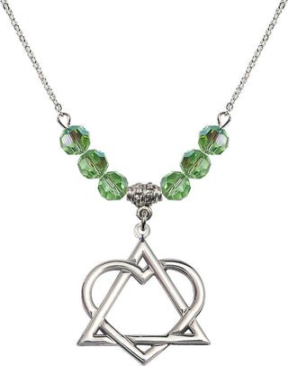 18" Rhodium Plated Necklace with 4mm Peridot Crystal Beads featuring a Sterling Silver Adoption Heart Medal.