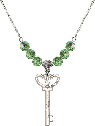 18" Rhodium Plated Necklace with 4mm Peridot Crystal Beads featuring a Sterling Silver Small Key w/Double Hearts Medal.