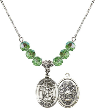 18" Rhodium Plated Necklace with 4mm Peridot Crystal Beads featuring a Sterling Silver Saint Michael the Archangel Medal.