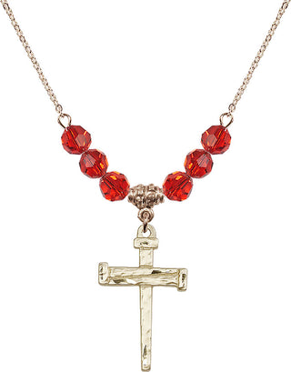 18" Hamilton Gold Plated Necklace with 4mm Ruby Crystal Beads featuring a 14kt Gold Filled Nail Cross Medal.