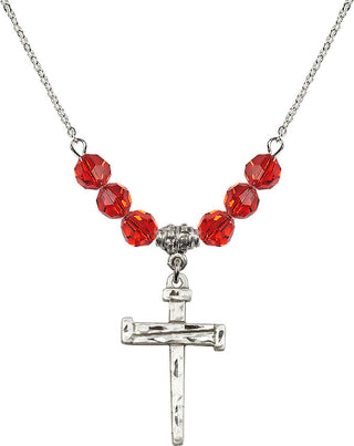 18" Rhodium Plated Necklace with 4mm Ruby Crystal Beads featuring a Sterling Silver Nail Cross Medal.