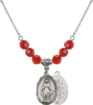 18" Rhodium Plated Necklace with 4mm Ruby Crystal Beads featuring a Sterling Silver Miraculous Medal.