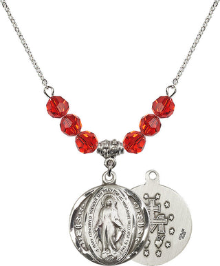 18" Rhodium Plated Necklace with 4mm Ruby Crystal Beads featuring a Sterling Silver Miraculous Medal.