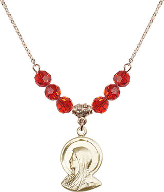 18" Hamilton Gold Plated Necklace with 4mm Ruby Crystal Beads featuring a 14kt Gold Filled Madonna Medal.