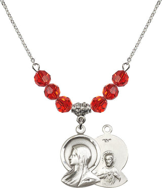 18" Rhodium Plated Necklace with 4mm Ruby Crystal Beads featuring a Sterling Silver Madonna Medal.