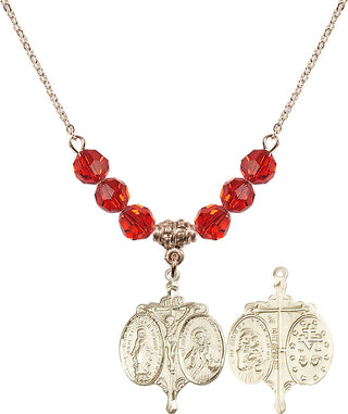 18" Hamilton Gold Plated Necklace with 4mm Ruby Crystal Beads featuring a 14kt Gold Filled Novena Medal.