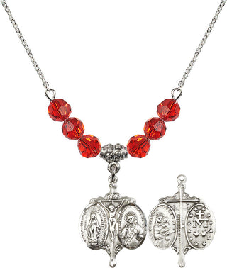 18" Rhodium Plated Necklace with 4mm Ruby Crystal Beads featuring a Sterling Silver Novena Medal.