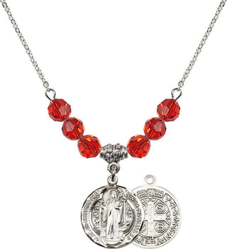 18" Rhodium Plated Necklace with 4mm Ruby Crystal Beads featuring a Sterling Silver Saint Benedict Medal.