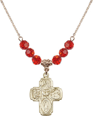 18" Hamilton Gold Plated Necklace with 4mm Ruby Crystal Beads featuring a 14kt Gold Filled 5-Way Medal.