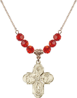 18" Hamilton Gold Plated Necklace with 4mm Ruby Crystal Beads featuring a 14kt Gold Filled 4-Way Medal.