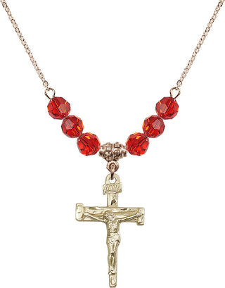 18" Hamilton Gold Plated Necklace with 4mm Ruby Crystal Beads featuring a 14kt Gold Filled Nail Crucifix Medal.