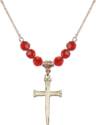 18" Hamilton Gold Plated Necklace with 4mm Ruby Crystal Beads featuring a 14kt Gold Filled Nail Cross Medal.