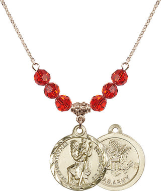 18" Hamilton Gold Plated Necklace with 4mm Ruby Crystal Beads featuring a 14kt Gold Filled Saint Christopher / Army Medal.