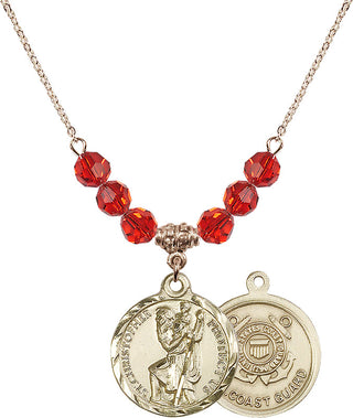 18" Hamilton Gold Plated Necklace with 4mm Ruby Crystal Beads featuring a 14kt Gold Filled Saint Christopher / Coast Guard Medal.