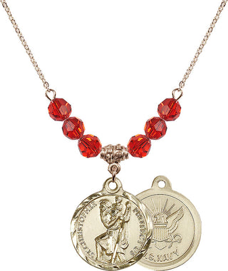 18" Hamilton Gold Plated Necklace with 4mm Ruby Crystal Beads featuring a 14kt Gold Filled Saint Christopher / Navy Medal.