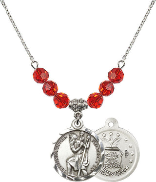 18" Rhodium Plated Necklace with 4mm Ruby Crystal Beads featuring a Sterling Silver Saint Christopher / Air Force Medal.