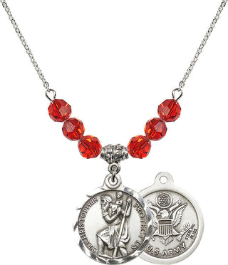 18" Rhodium Plated Necklace with 4mm Ruby Crystal Beads featuring a Sterling Silver Saint Christopher / Army Medal.