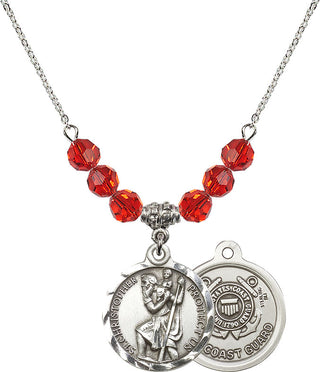 18" Rhodium Plated Necklace with 4mm Ruby Crystal Beads featuring a Sterling Silver Saint Christopher / Coast Guard Medal.