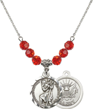 18" Rhodium Plated Necklace with 4mm Ruby Crystal Beads featuring a Sterling Silver Saint Christopher / Navy Medal.