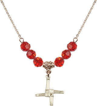 18" Hamilton Gold Plated Necklace with 4mm Ruby Crystal Beads featuring a 14kt Gold Filled Saint Brigid Cross Medal.
