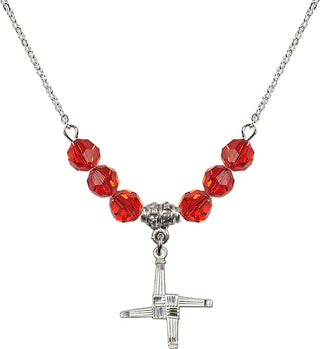 18" Rhodium Plated Necklace with 4mm Ruby Crystal Beads featuring a Sterling Silver Saint Brigid Cross Medal.