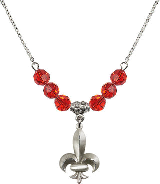18" Rhodium Plated Necklace with 4mm Ruby Crystal Beads featuring a Sterling Silver Fleur de Lis Medal.