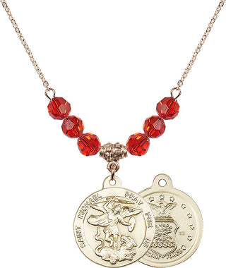 18" Hamilton Gold Plated Necklace with 4mm Ruby Crystal Beads featuring a 14kt Gold Filled Saint Michael / Air Force Medal.