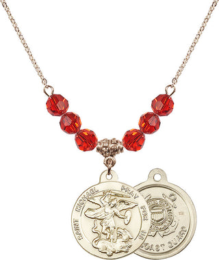 18" Hamilton Gold Plated Necklace with 4mm Ruby Crystal Beads featuring a 14kt Gold Filled Saint Michael / Coast Guard Medal.