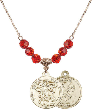 18" Hamilton Gold Plated Necklace with 4mm Ruby Crystal Beads featuring a 14kt Gold Filled Saint Michael / Nat'l Guard Medal.