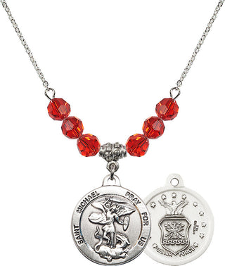 18" Rhodium Plated Necklace with 4mm Ruby Crystal Beads featuring a Sterling Silver Saint Michael / Air Force Medal.