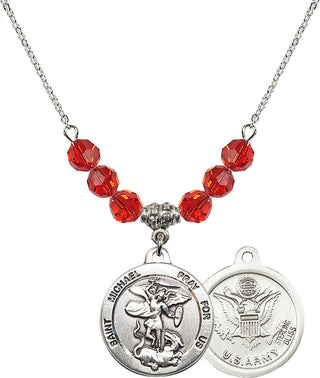 18" Rhodium Plated Necklace with 4mm Ruby Crystal Beads featuring a Sterling Silver Saint Michael / Army Medal.