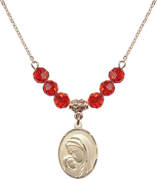 18" Hamilton Gold Plated Necklace with 4mm Ruby Crystal Beads featuring a 14kt Gold Filled Madonna & Child Medal.