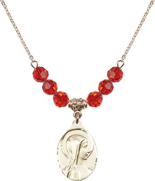 18" Hamilton Gold Plated Necklace with 4mm Ruby Crystal Beads featuring a 14kt Gold Filled Sorrowful Mother Medal.