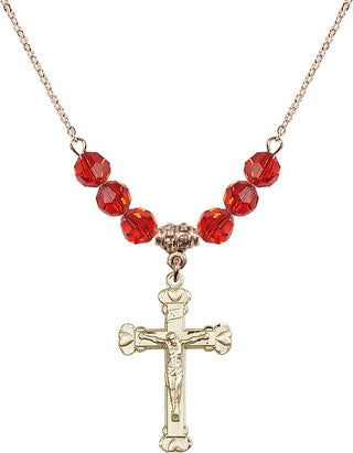 18" Hamilton Gold Plated Necklace with 4mm Ruby Crystal Beads featuring a 14kt Gold Filled Crucifix Medal.