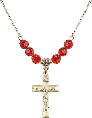 18" Hamilton Gold Plated Necklace with 4mm Ruby Crystal Beads featuring a 14kt Gold Filled Crucifix Medal.