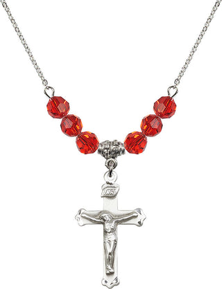 18" Rhodium Plated Necklace with 4mm Ruby Crystal Beads featuring a Sterling Silver Crucifix Medal.