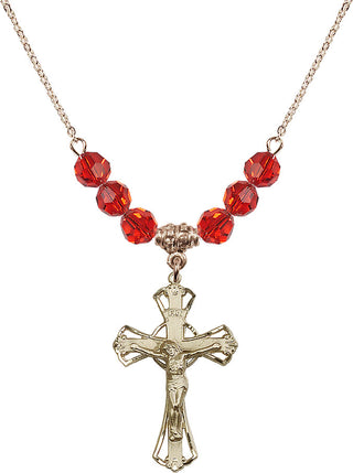 18" Hamilton Gold Plated Necklace with 4mm Ruby Crystal Beads featuring a 14kt Gold Filled Crucifix Medal.