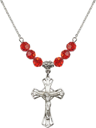 18" Rhodium Plated Necklace with 4mm Ruby Crystal Beads featuring a Sterling Silver Crucifix Medal.