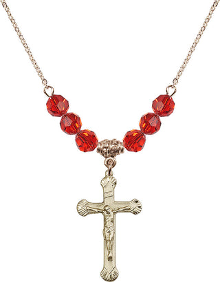 18" Hamilton Gold Plated Necklace with 4mm Ruby Crystal Beads featuring a 14kt Gold Filled Crucifix Medal.