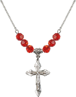 18" Rhodium Plated Necklace with 4mm Ruby Crystal Beads featuring a Sterling Silver Crucifix Medal.