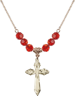 18" Hamilton Gold Plated Necklace with 4mm Ruby Crystal Beads featuring a 14kt Gold Filled Cross Medal.