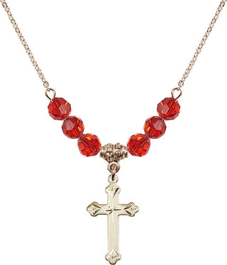 18" Hamilton Gold Plated Necklace with 4mm Ruby Crystal Beads featuring a 14kt Gold Filled Cross Medal.