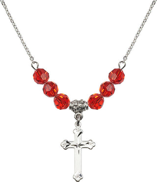 18" Rhodium Plated Necklace with 4mm Ruby Crystal Beads featuring a Sterling Silver Cross Medal.