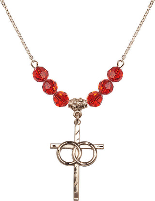 18" Hamilton Gold Plated Necklace with 4mm Ruby Crystal Beads featuring a 14kt Gold Filled Wedding Rings Cross Medal.