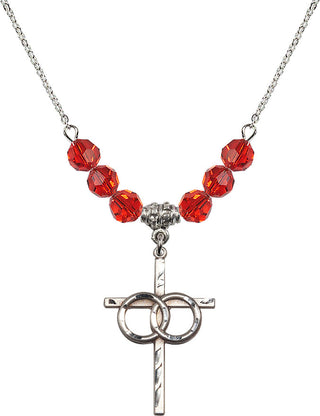 18" Rhodium Plated Necklace with 4mm Ruby Crystal Beads featuring a Sterling Silver Wedding Rings Cross Medal.